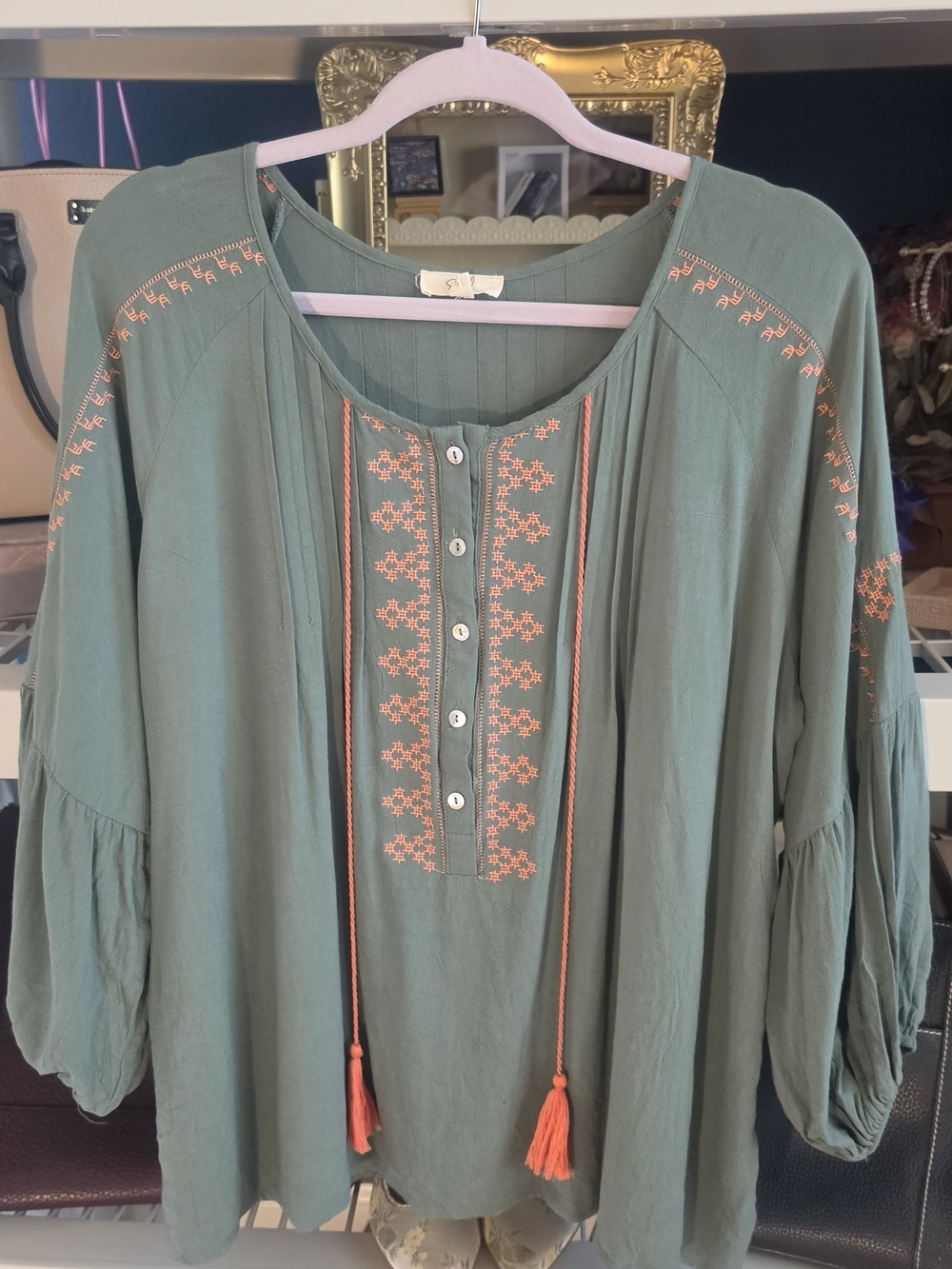 easel Olive Green Tunic with Coral Embroidery and Tassels